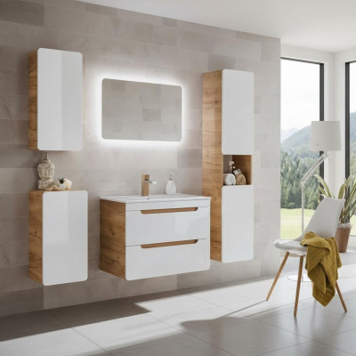 Design bathroom furniture, bathroom set, cabinet, washbasin, decor, lighting.