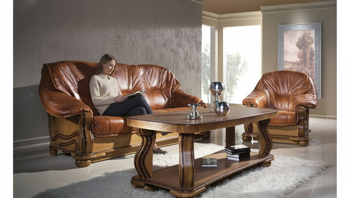 Classic sofa set upholstery 3+2 seater set leather wooden frame