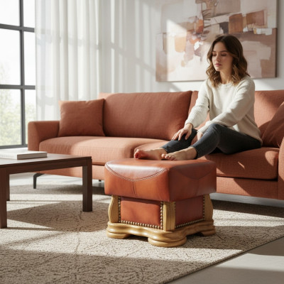 XXL Footstool Club Lounge Ottoman Leather Textile Decor Ottoman Designer Pouf