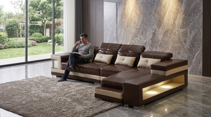 Sectional sofa leather living area set design modern sofa L-shape brown