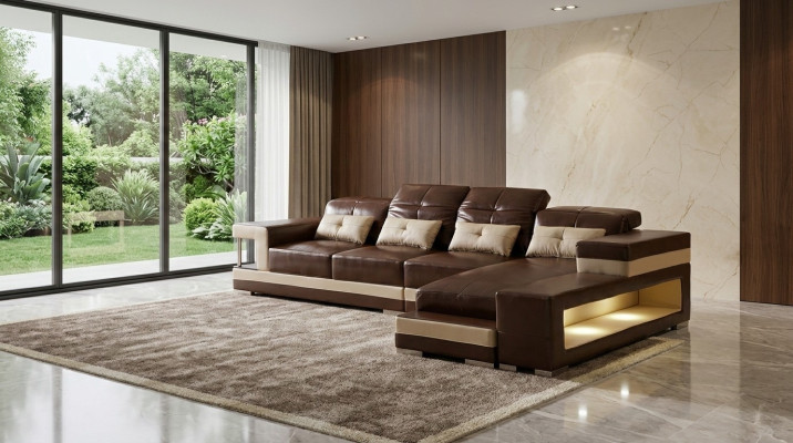 Sectional sofa leather living area set design modern sofa L-shape brown