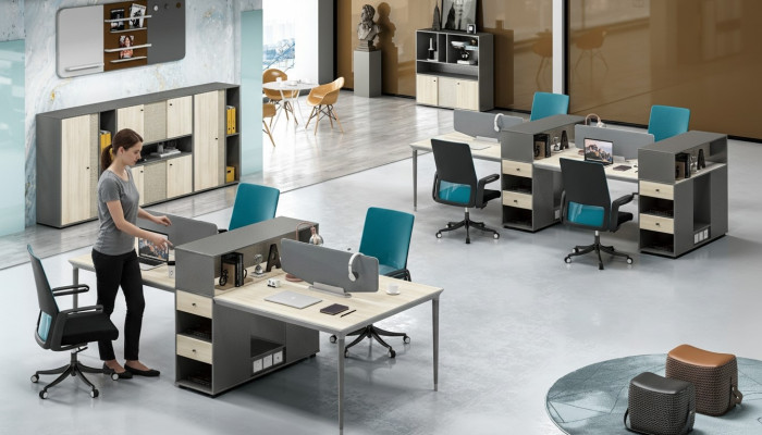 Office furniture setup tables desk 4 workstations call center