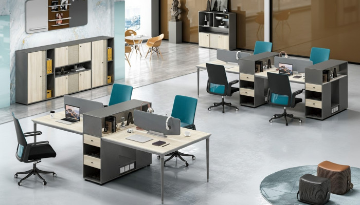 Office furniture setup tables desk 4 workstations call center