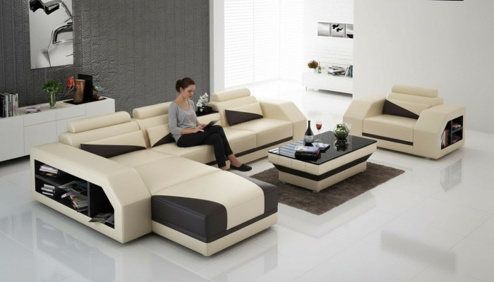 Leather sofa living area corner sofa L-shape with armchair set modern suite