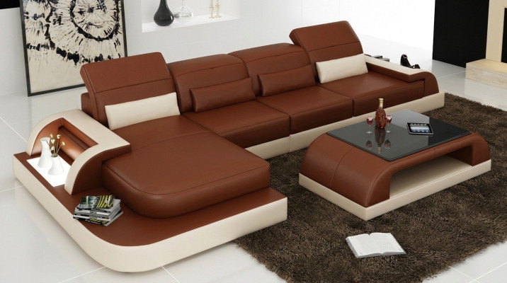Brown L-shaped Sofa Couch Upholstery Set Living Landscape Design Corner Sofa Leather