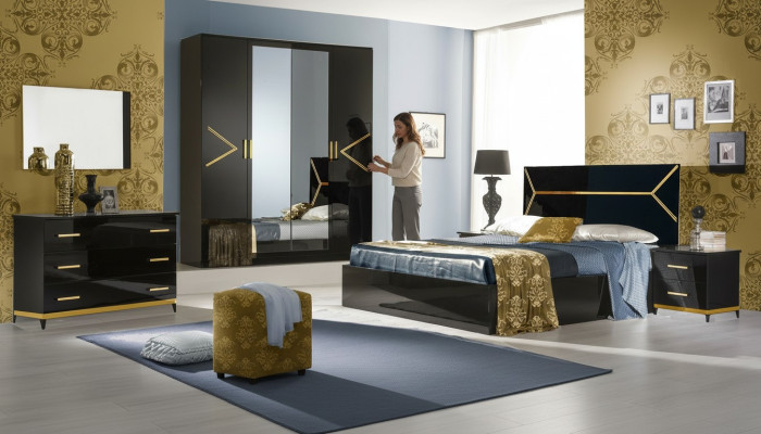 Classic bedroom set ensemble luxury modern style bed 6 pcs. wood dresser