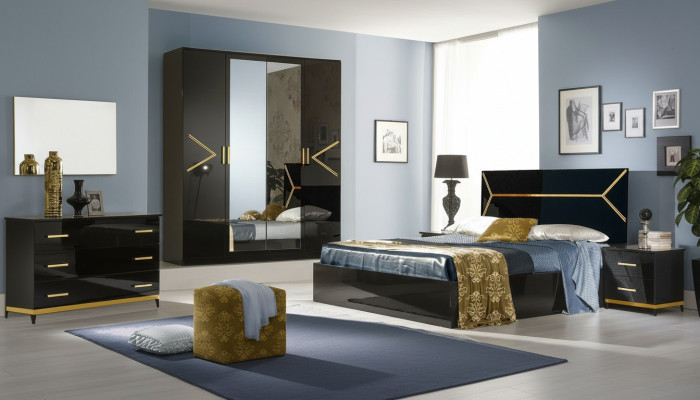 Classic bedroom set ensemble luxury modern style bed 6 pcs. wood dresser