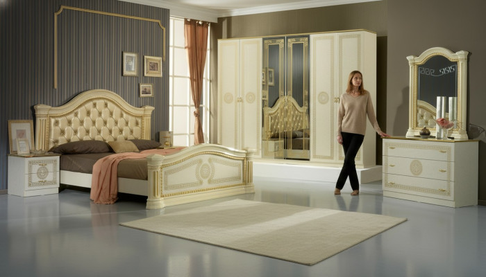 Bedroom Chesterfield Leather Bed 6-Piece Design Furniture Set with Nightstand and Dresser