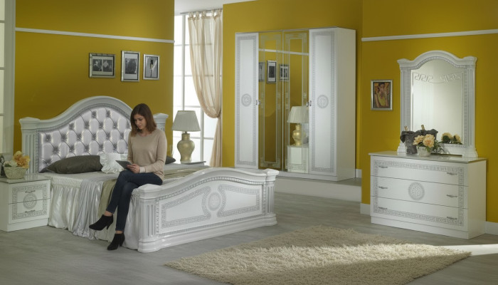 Complete bedroom set design modern luxury bed 2x nightstand 6-piece wardrobe