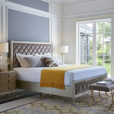 Classic designer bed bedroom textile leather upholstery Italian furniture