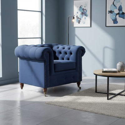 Designer Chair 1 Seater Blue Leather Textile Luxury Club Lounge Sofa Chesterfield