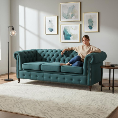 Classic Chesterfield Furniture Three-Seater Couch Textile Sofa Elegant Design