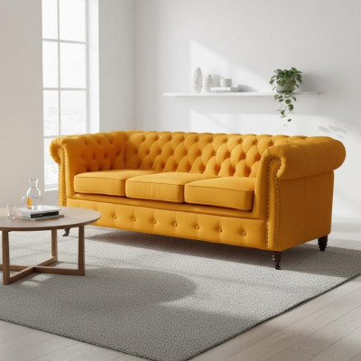 Classic Chesterfield Furniture Three-Seater Couch Textile Sofa Elegant Design Orange