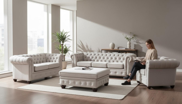Chesterfield Sofa Set Couch Set 321+Ottoman Seat Upholstery Suites Textile