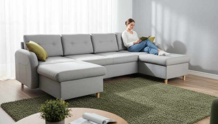 Living area corner sofa fabric U-shape bed function couch design decoration upholstery