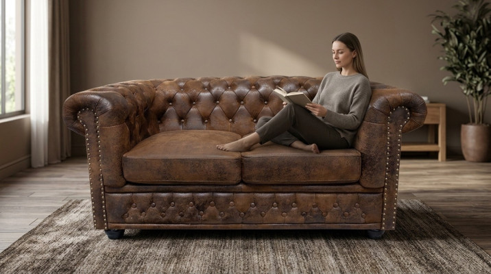 Chesterfield textile couch upholstery 2-seater fabric sofas couches brown two-seater