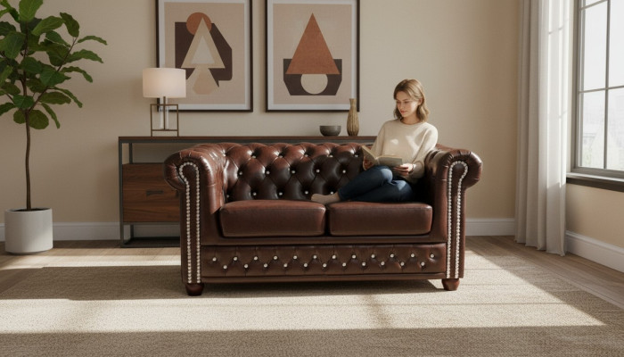 Classic Elegant Two-Seater Chesterfield Furniture Couch Textile Sofa Design Brown