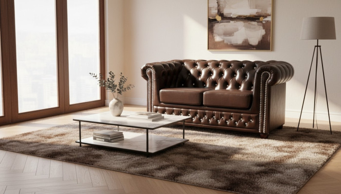 Classic Elegant Two-Seater Chesterfield Furniture Couch Textile Sofa Design Brown