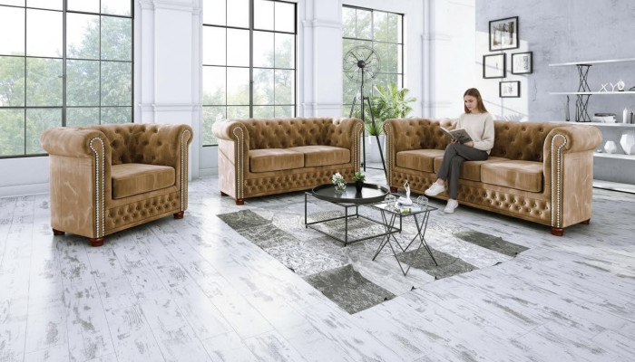 Classic Elegant Chesterfield Furniture Two-Seater Couch Textile Sofa Design Brown