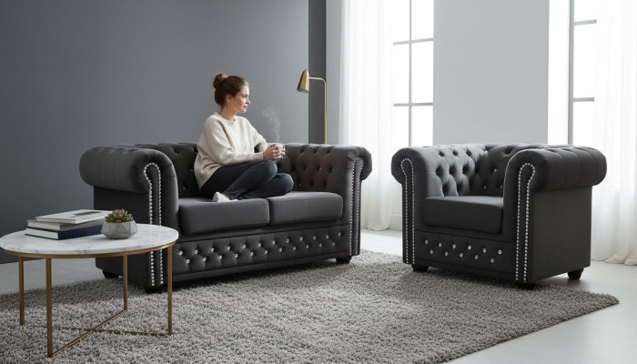 Chesterfield Textile Couch Upholstered 2-Seater Fabric Sofas Couches Loveseat Black
