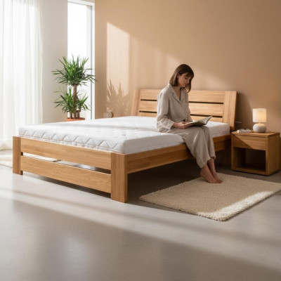 Bedroom wooden bed, real wood bed, beds, hotel, country house style, solid furniture.