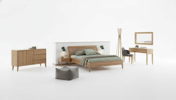 Bed Bedroom Double Beds 3-piece Set 2x Nightstands Solid Wood Real Wood