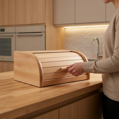Beech Bread Box 32 cm Wood Bread Box Roller Shutter Bread Roll Flap Real Wood New