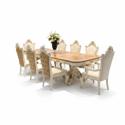 White and brown dining room set, large dining table with leather chairs
