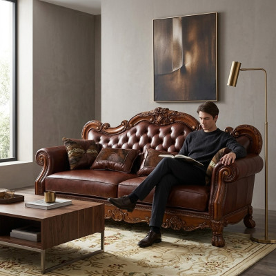 Leather sofa baroque style rococo leather sofa couch upholstery seat 3-seater