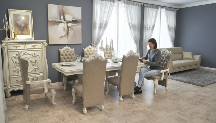 Antique white dining room set large dining table with leather Chesterfield chairs