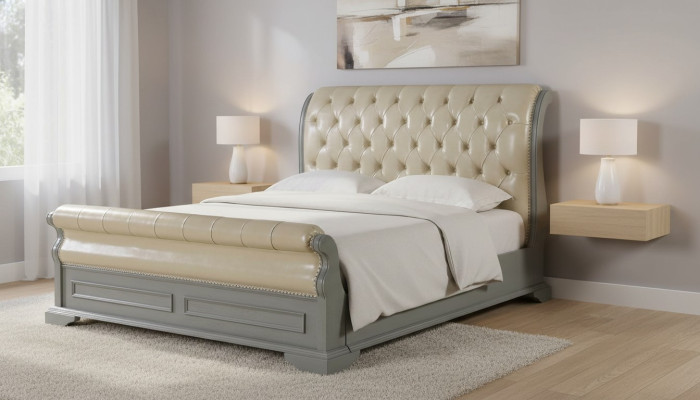 Chesterfield Design Bed Gray 180x200 Double Bed Upholstered Leather Bed Furniture