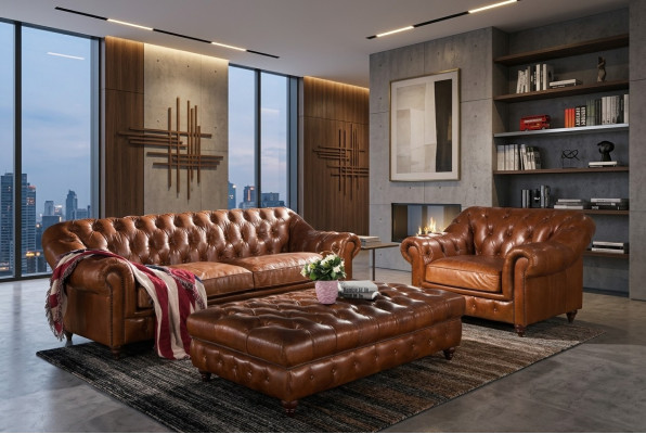 Three-piece sofa set Chesterfield suite English vintage sofa armchair