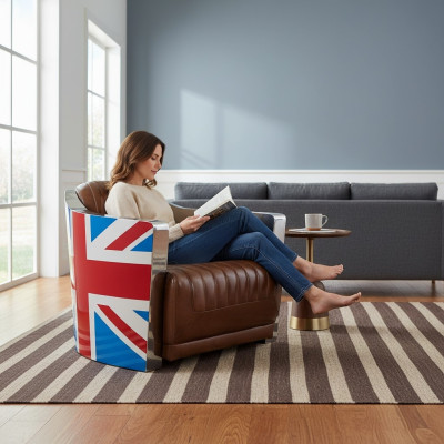 Union Jack Aviator Retro Club Chair Brown Leather Vintage Armchair Furniture