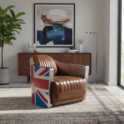 Union Jack Aviator Retro Club Chair Brown Leather Vintage Armchair Furniture