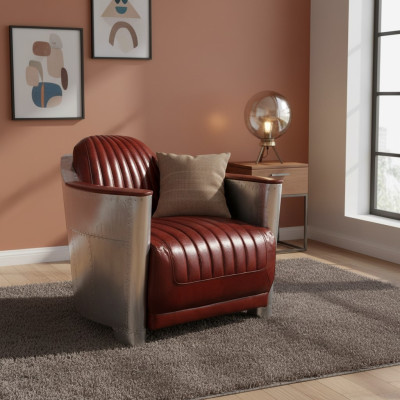 Sofa Armchair Genuine Leather Couch Club Lounge Retro Aviator Vintage Aluminum Airplane