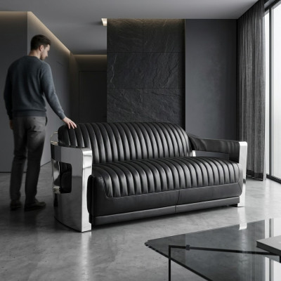 Leather Sofa Three-Seater Couch Sofa Aviator Airplane Aluminum Furniture Vintage