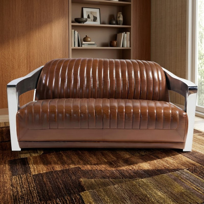 Genuine leather sofa leather design sofa 3-seater vintage couch aluminum metal