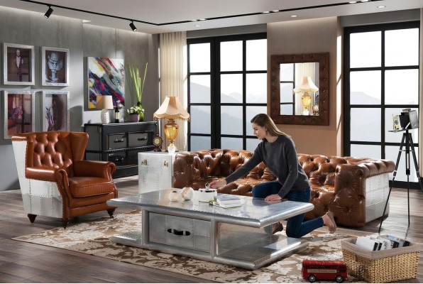 Leather Sofa 3-Seater Vintage Leather Furniture Three-Seater Couch Aluminum Sofas