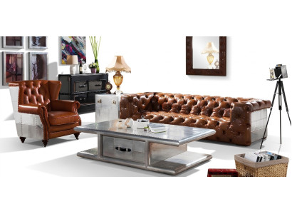 Leather Sofa 3-Seater Vintage Leather Furniture Three-Seater Couch Aluminum Sofas