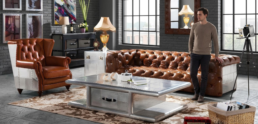 High-back chair genuine leather vintage cigar wingback chair armchair