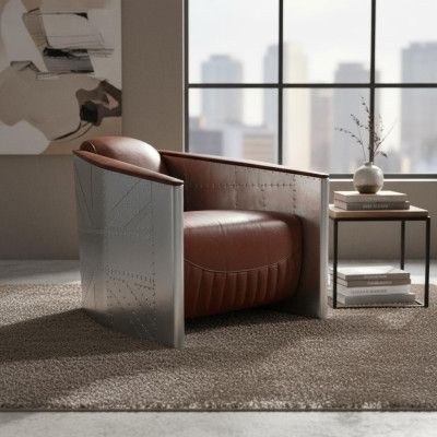 Sofa armchair genuine leather couch club lounge aviator vintage aluminum airplane retro