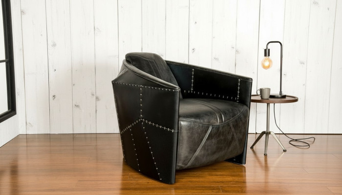 Aircraft Vintage Leather Armchair Black Genuine Leather Retro Armchair Design
