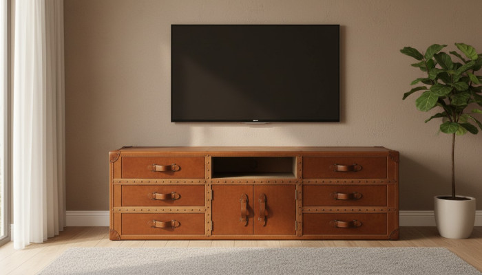 Vintage Dresser Sideboard Leather TV Lowboard Trunk Old Look Style Suitcase Table