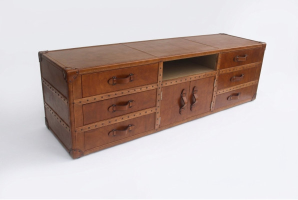 Vintage Dresser Sideboard Leather TV Lowboard Trunk Old Look Style Suitcase Table