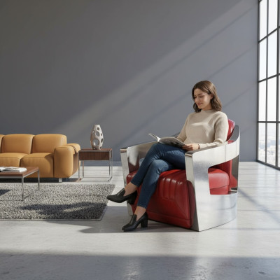 Aircraft Vintage Leather Armchair Red Genuine Leather Retro Chair Design Club Chair