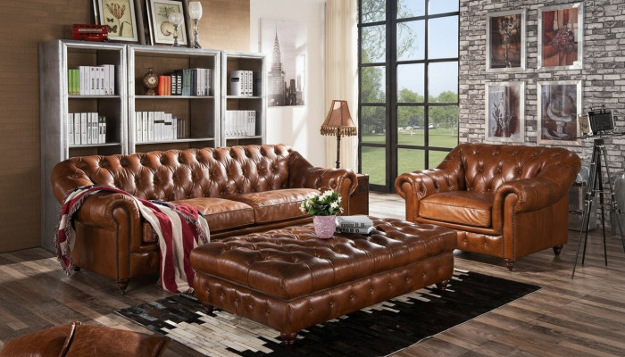 Vintage Chesterfield sofa set upholstery couch sofa leather 3+1 seater set 2-piece.