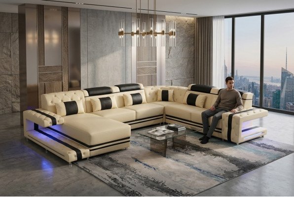 Leather Upholstery Seat Design Modern Corner Suite Sofa Living Landscape U Shape USB LED