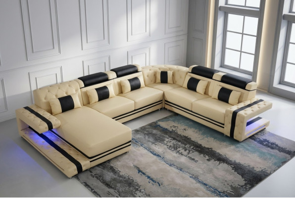 Leather Upholstery Seat Design Modern Corner Suite Sofa Living Landscape U Shape USB LED