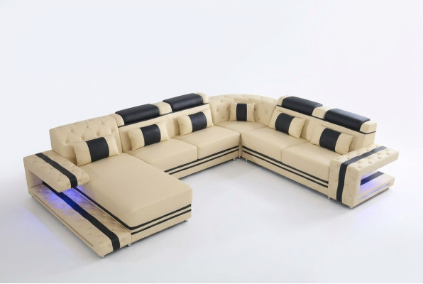 Leather Upholstery Seat Design Modern Corner Suite Sofa Living Landscape U Shape USB LED