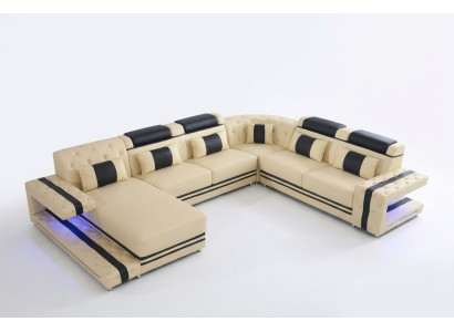 Leather Upholstery Seat Design Modern Corner Suite Sofa Living Landscape U Shape USB LED